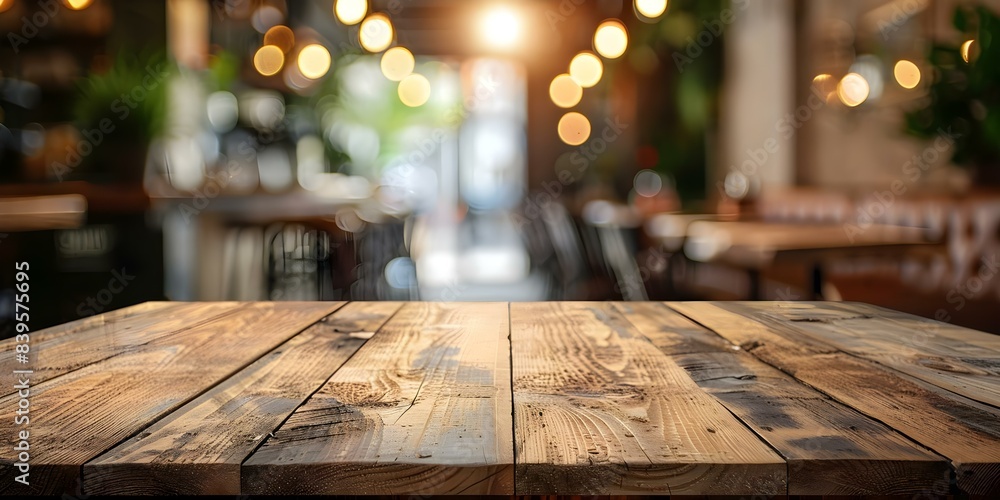 Aufkleber creating a blurred bokeh effect on a wooden table in a restaurant or cafe setting. concept bokeh pho