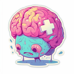 Fototapeta premium Anxious Brain Character Illustration With Bandage and Tears