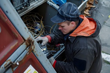 Technician Disarming Hidden Device in Public Trash Bin for Safety and Security Measures