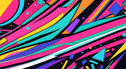 Fototapeta premium A Vibrant 90s style vintage background template illustration with funky geometric shapes, neon colors, and retro patterns of old-school fashion and pop culture concept, 2d style 