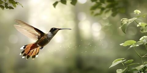 Fototapeta premium Digital art of a small colorful hummingbird flying in a green forest. Concept Nature, Wildlife, Digital Art, Hummingbird, Forest