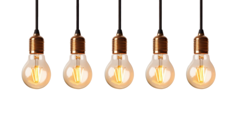 Five Vintage Edison Light Bulbs. Row of Retro Bulbs with Warm Glow on Isolated Background