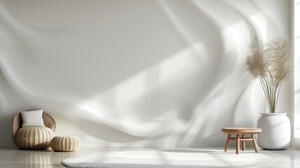 Obraz premium he elegance of a white room adorned with a plush armchair as the focal point, enhanced by the presence of a vase filled with colorful blooms, creating a tranquil and inviting scene