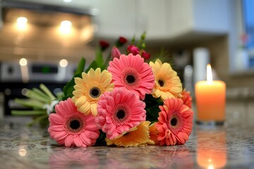 Obraz premium Colorful flower bouquet and candles elegantly arranged on kitchen table for a charming display