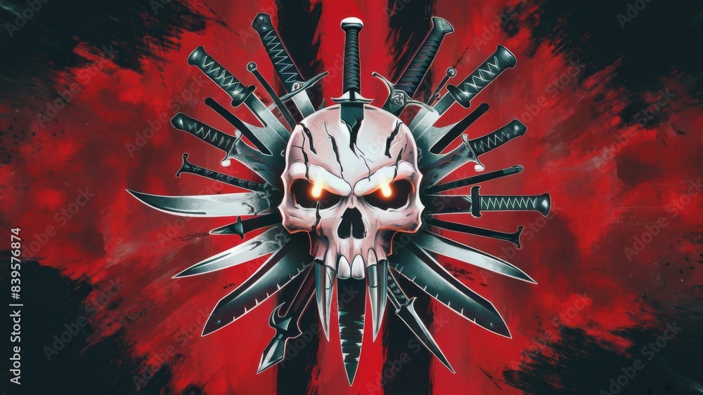 Canvas Prints a skull with many swords and knives surrounding it, ai