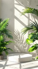 Obraz premium 3D render podium, showcase on light white background with shadows in green tropical leaves of plants