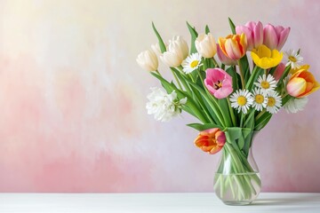 Cheerful arrangement of spring flowers, including tulips, daisies, and hyacinths, adding a touch of nature's beauty to a bright and welcoming space