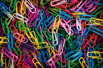 A chaotic yet vibrant array of colored paper clips, filling the entire frame. The paper clips come in bright shades of red, blue, green, yellow, and purple, creating a lively and dynamic background. 