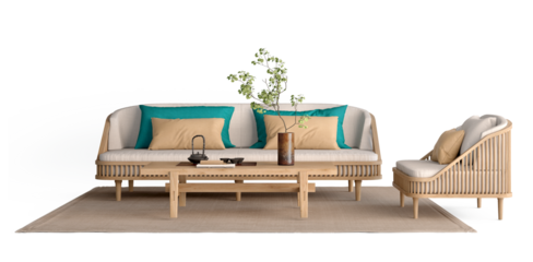 wooden sofa and armchair with table. Generative AI