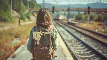 Young woman traveler with backpack in the railway. vintage effected photo. Travel freedom concept
