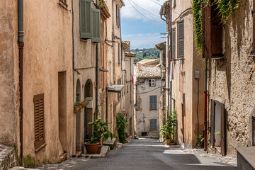 View of Biot village, a small, medieval, fortified historic village, located on a hilltop in the Provence-Alpes-Cote d'Azur, near the town of Antibes, between the cities of Nice and Cannes, France