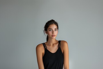 Naklejka premium Portrait of Woman in Black Top Against Neutral Background, Simple and Elegant, Ideal for Lifestyle and Fashion Use