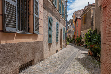 View of Biot village, a small, medieval, fortified historic village, located on a hilltop in the Provence-Alpes-Cote d'Azur, near the town of Antibes, between the cities of Nice and Cannes, France