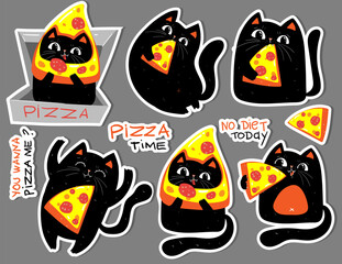 Set of cute black cats with pizza, character having food, perfect stickers, badges and other