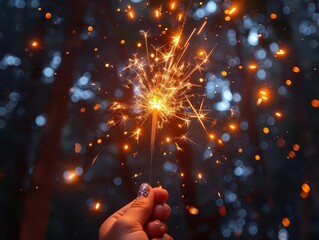 Closeup of a hand holding a sparkler, 4th of July, patriotic, bright and vibrant, high resolution