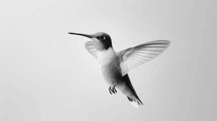 Fototapeta premium Black and white image of a hummingbird in flight, showcasing its wings in motion against a plain background, capturing a moment of grace and beauty.