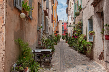 View of Biot village, a small, medieval, fortified historic village, located on a hilltop in the Provence-Alpes-Cote d'Azur, near the town of Antibes, between the cities of Nice and Cannes, France