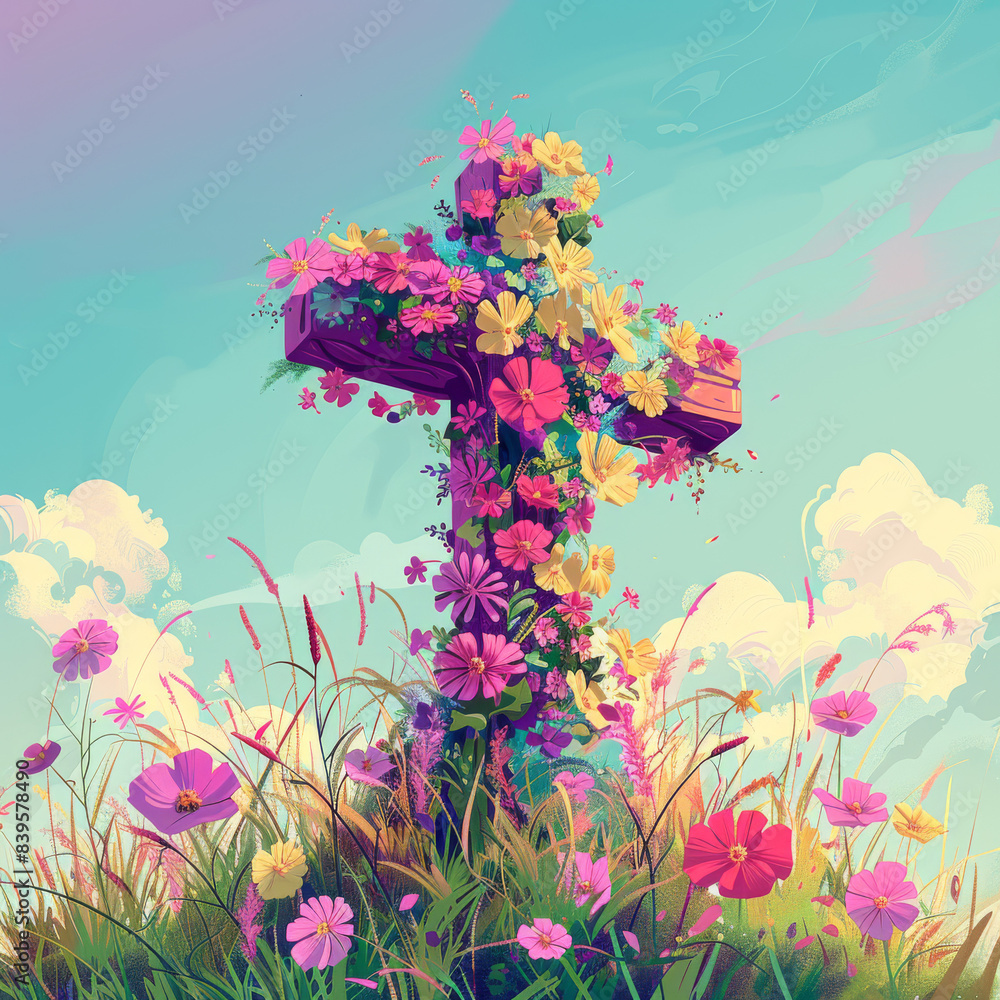 Wall mural A jesus cross that consists of colorful flowers	