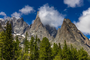 Obraz premium Tour du Montblanc beautiful mountain ladscapes of the Alps green valley, snow summit of Montblanc and rocky peaks of Aiguille du Midi in summer sunny weather blue sky, trekking and hiking in Chamonix