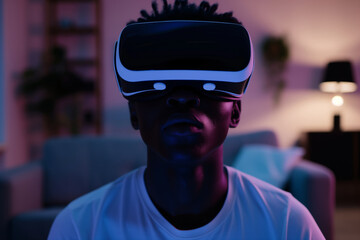 Experiencing the thrill of virtual reality, a young man is captivated by the immersive technology, his face illuminated by the glow of cyberpunk-inspired lighting