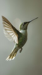 Fototapeta premium Cheerful and clean scene of a hummingbird in flight in a minimalistic setup, isolated on a white background. Ideal for illustrating the charm of wildlife and nature.