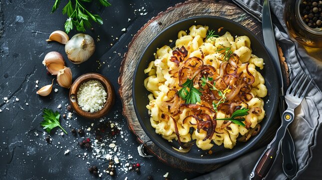 german bavarian cheese spaetzle with roasted onions, food photography, 16:9