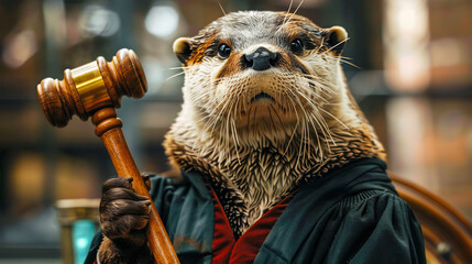 Otter judge in courtroom setting. An otter wearing a judge's robe and holding a gavel in a courtroom, perfect for legal or animal humor themes.