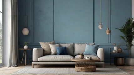 Modern Blue Living Room Interior Design. Interior of light living room with Blue sofa, coffee table