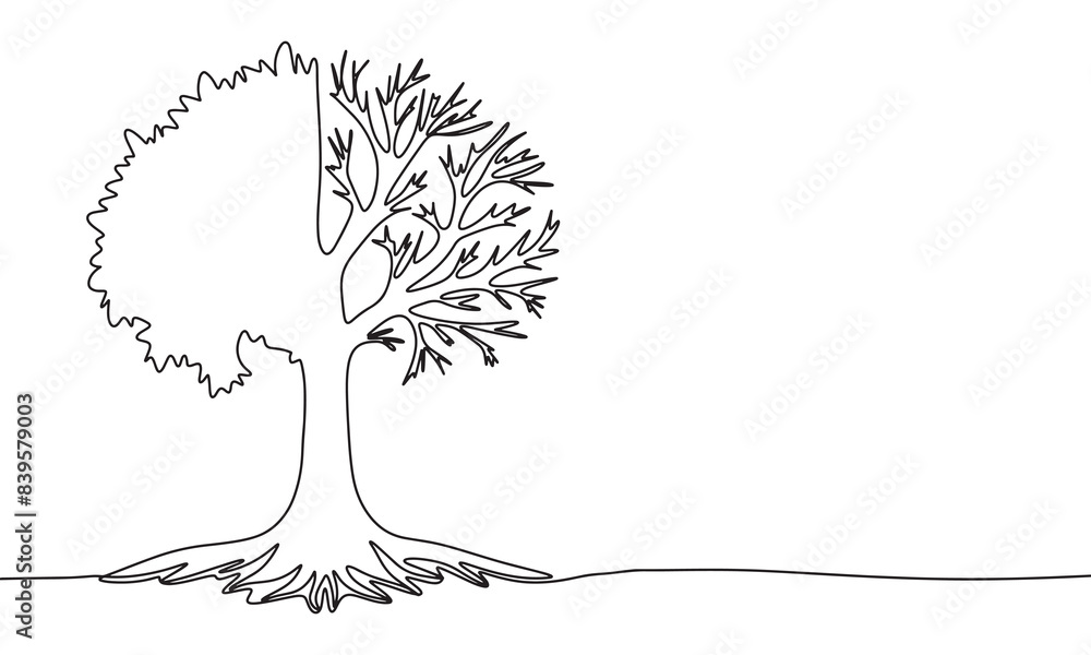 Poster green tree and dry one line continuous. half tree with leave and half tree is dry line art. hand dra