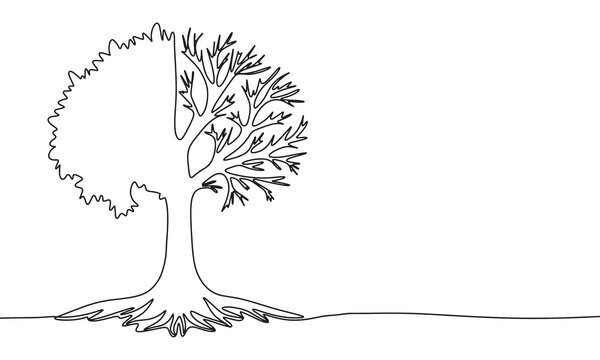 recommend clip art: Green tree and dry one line continuous. Half tree with leave and half tree is dry line art. Hand drawn vector art.