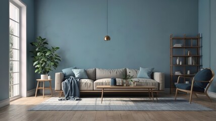 Modern Blue Living Room Interior Design. Interior of light living room with Blue sofa, coffee table