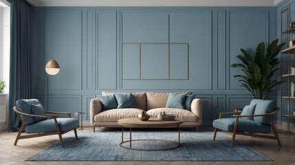 Modern Scandinavian home interior design characterized by an elegant living room featuring a comfortable sofa, mid century furniture, aesthetic carpet, wooden floor, color walls, and home plants