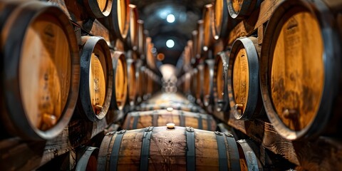 Aged wine stored in vintage barrels in a Spanish winery cellar. Concept Wine Production, Spanish Wineries, Vintage Barrels, Cellar Storage, Aged Wines