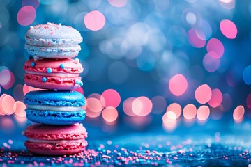 Vibrant macarons stack with bokeh background in dreamy hues