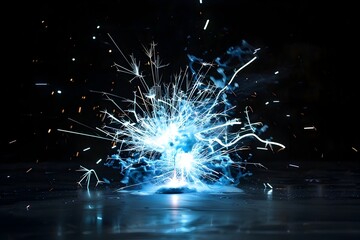 Electric Explosion with Bright Blue and White Sparks on Black Background