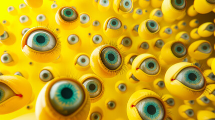 Bright Yellow Wall with Many Eyes, Alien Psychedelic Creature, Monster Face. Dream, Trip, Experience. Funny, Creepy, Weird, Surreal 3D Cartoon, Glossy Squishy Liquid Shape. Watching, Looking, Blinking