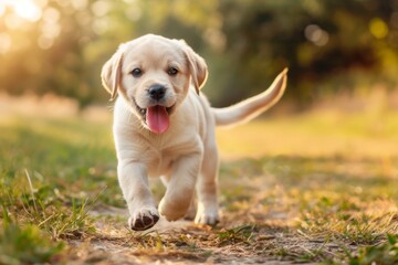 Adorable golden puppy playing outdoors at sunset