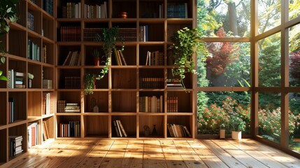 Wooden bookshelf and bookcase concept, brown wall and garden view style. 