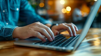 Close-up of young adult hands typing on laptop keyboard in a cozy evening setting