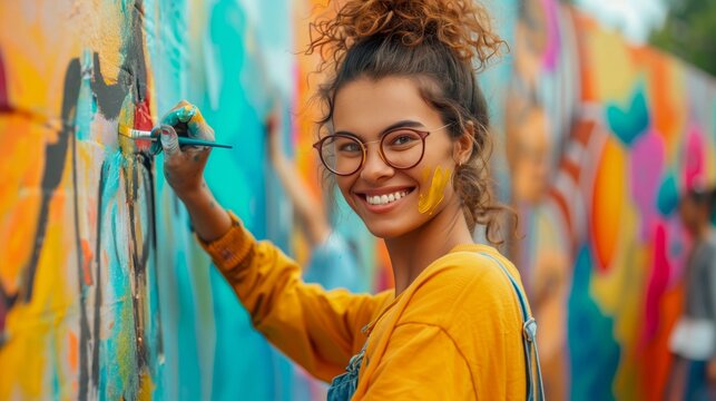 A woman passionately volunteers, painting a vibrant mural.