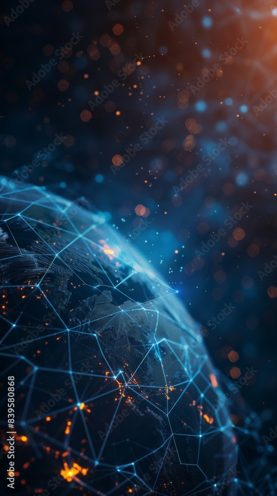 Aufkleber Abstract view of Earth with interconnected glowing lines in outer space. Concept of global data networks and digital infrastructure. Suitable for futuristic and technology-related themes