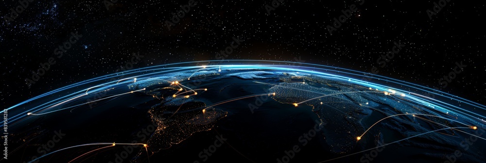 Poster Glowing network lines across Earth in a starry outer space background. Concept of global digital connectivity and communication. Ideal for technology and global communication themes