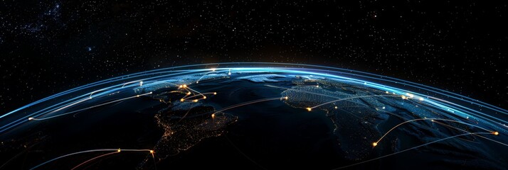 Glowing network lines across Earth in a starry outer space background. Concept of global digital connectivity and communication. Ideal for technology and global communication themes