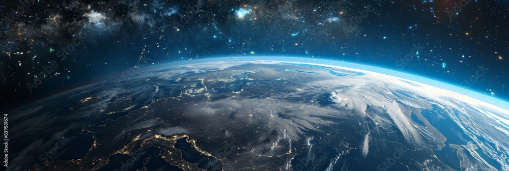 Poster High-definition view of Earth's surface with illuminated landmasses and clouds in outer space. Concept of global geography and environmental studies. Perfect for educational purposes