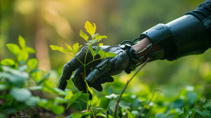 Cybernetic Hand Reaching for a Plant: Harmony of Technology and Nature