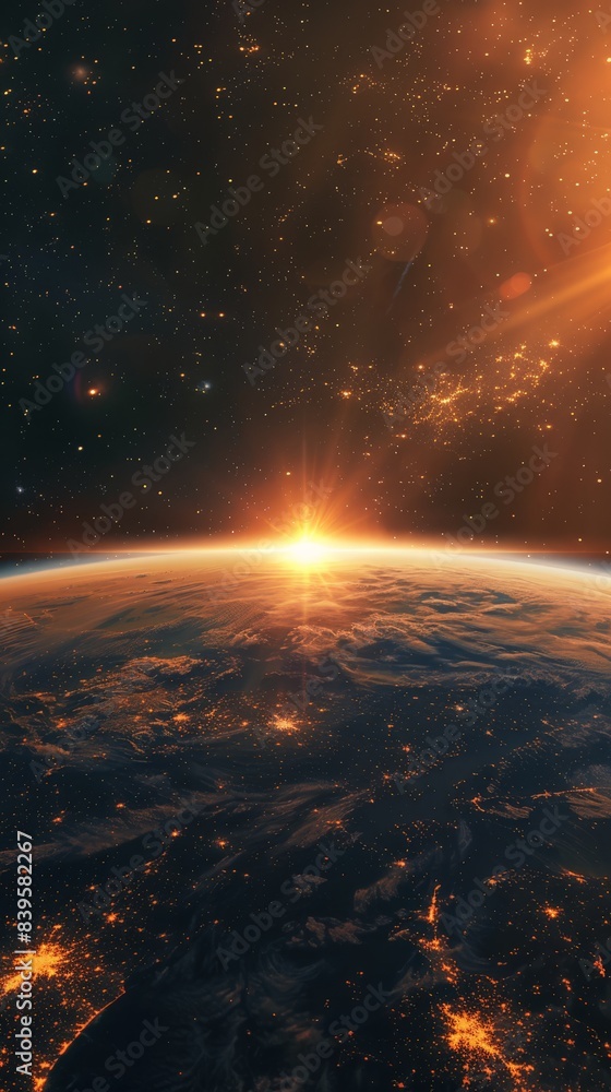 Poster high-resolution view of earth from space with detailed landmasses and stars. concept of global geogr