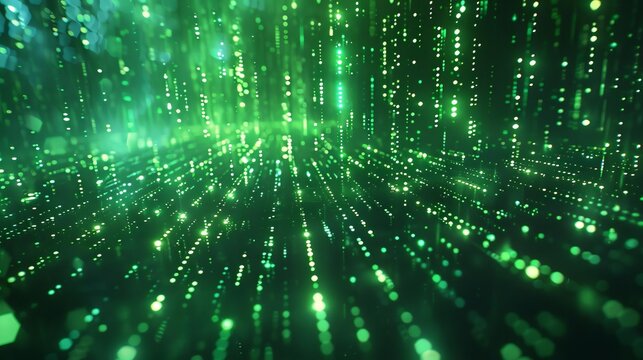 Digital matrix with glowing holographic elements, futuristic, green and black, 3D rendering, ideal for tech news
