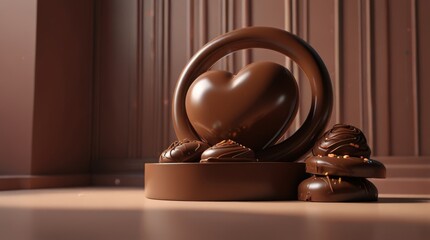 a chocolate heart and a chocolate candy with a wall in the background, ideal for celebrating love and affection.
