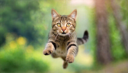 Cat scared, shocked expression, flying, blurred background.