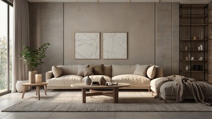 Modern Grey Scandinavian home interior design characterized by an elegant living room featuring a comfortable sofa, mid century furniture, cozy carpet, wooden floor, white walls, and home plants